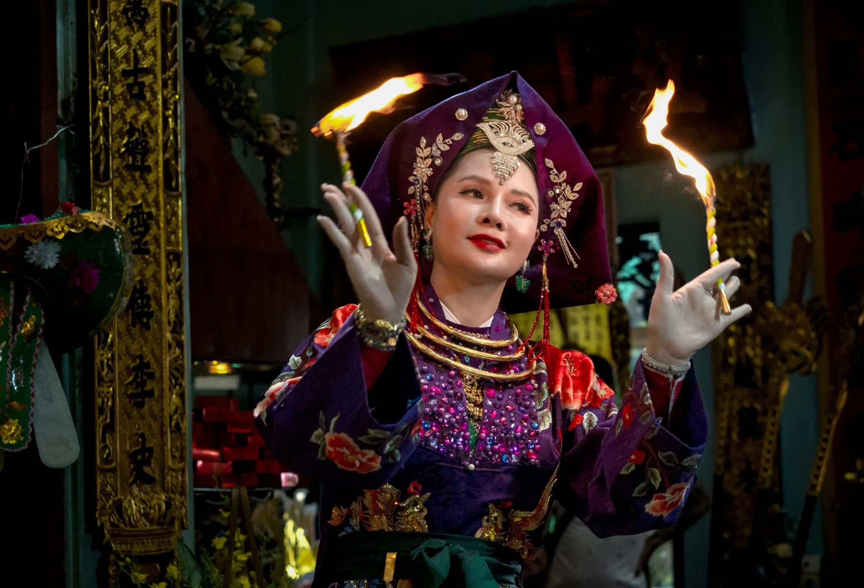 A captivating scene from a Mother Goddess performance in Vietnam, featuring colorful costumes and traditional rituals.