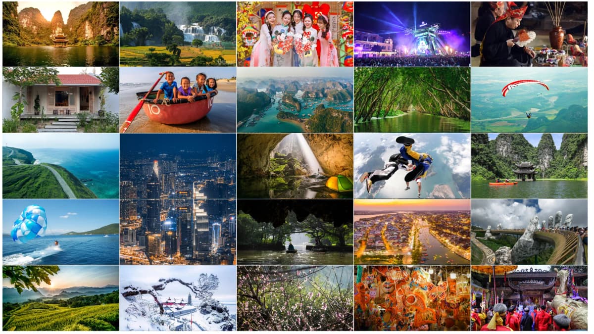 Banner của iGuide.ai hiển thị nhiều hình ảnh đẹp của Việt Nam bao gồm Ninh Bình, Thác Bản Giốc, các cô gái mặc áo dài, lễ hội countdown mừng năm mới, thầy lang, trẻ em làng chài, Vịnh Hạ Long, rừng đước, thành phố Hồ Chí Minh trong đêm, nhảy dù, khám phá hang Sơn Đoòng, Sa Pa trong tuyết, lễ hội Trung Thu và lễ hội Đền Gióng.