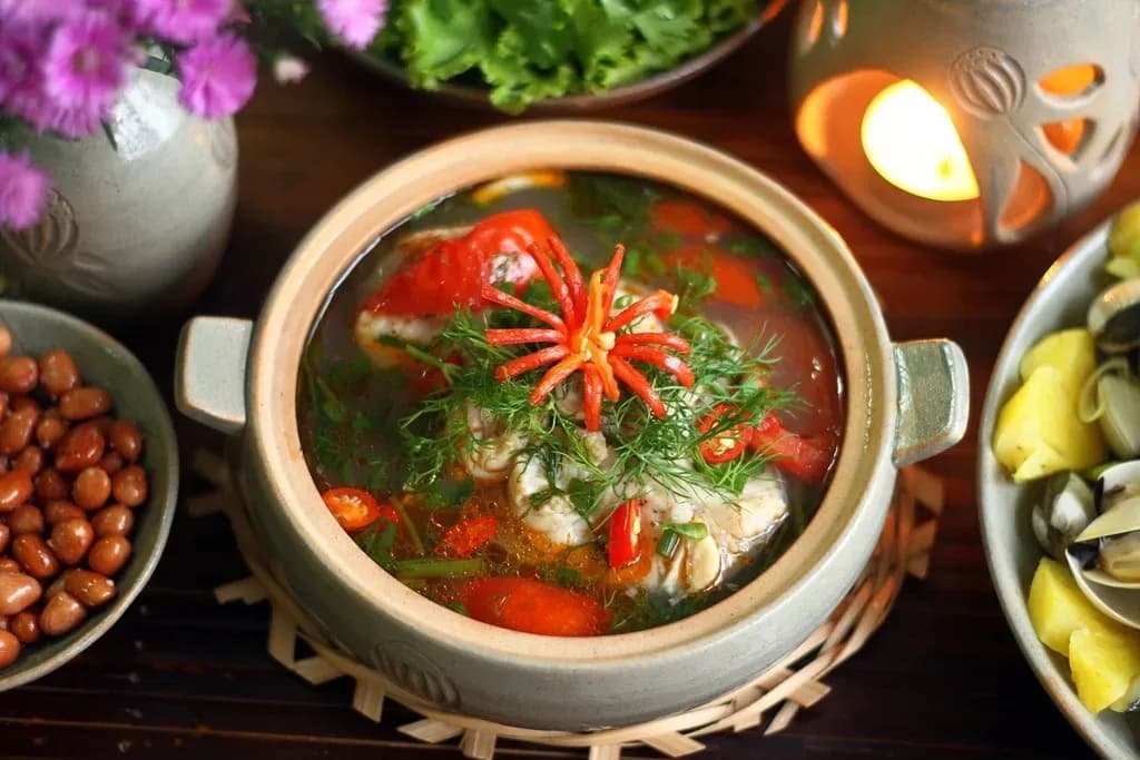 Delicious catfish hotpot with herbs and chili.